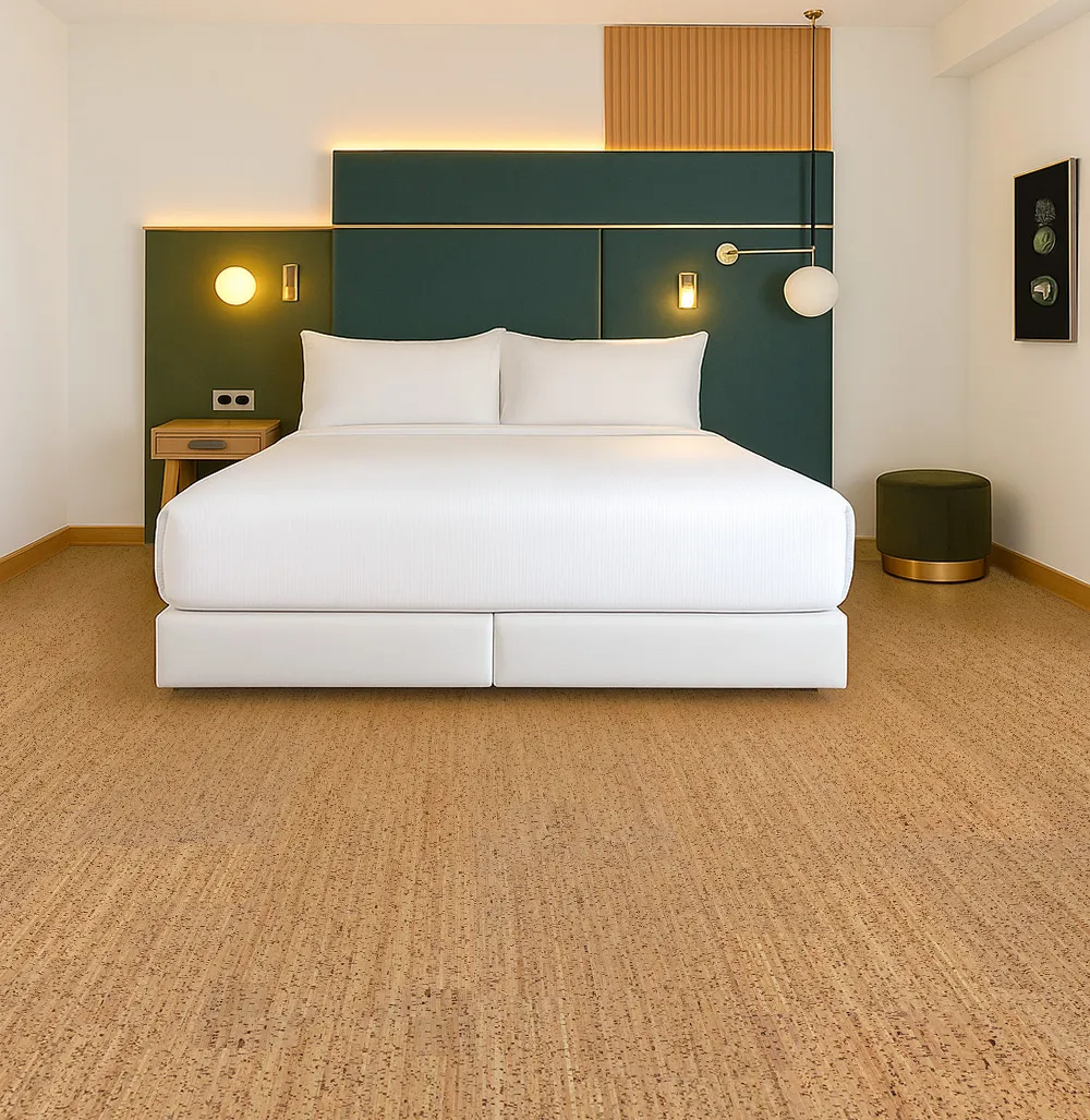 “Berber Cork Flooring In A Serene Bedroom With Modern Furniture—Soft, Quiet, And Naturally Warm.”