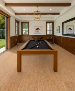 Berber cork flooring in a traditional billiard room with wood accents—durable, sound-absorbing, and eco-friendly.