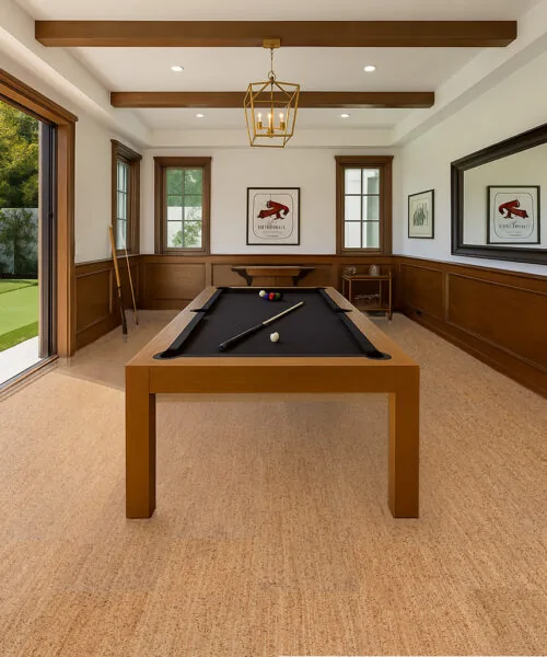 Berber - 1/2&Quot; (12Mm) - Cork Floating (Fber12) Berber Cork Flooring In A Traditional Billiard Room With Wood Accents—Durable, Sound-Absorbing, And Eco-Friendly.