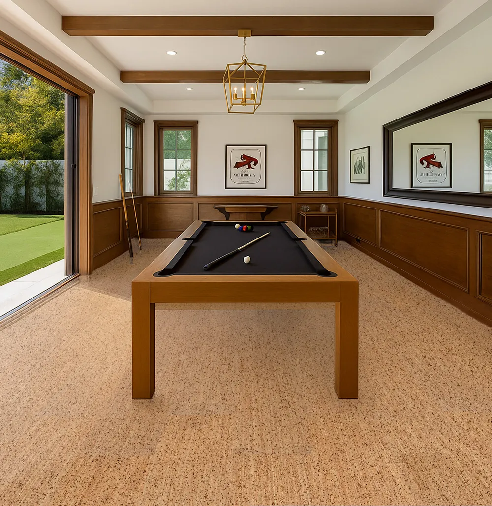 Berber Cork Flooring In A Traditional Billiard Room With Wood Accents—Durable, Sound-Absorbing, And Eco-Friendly.