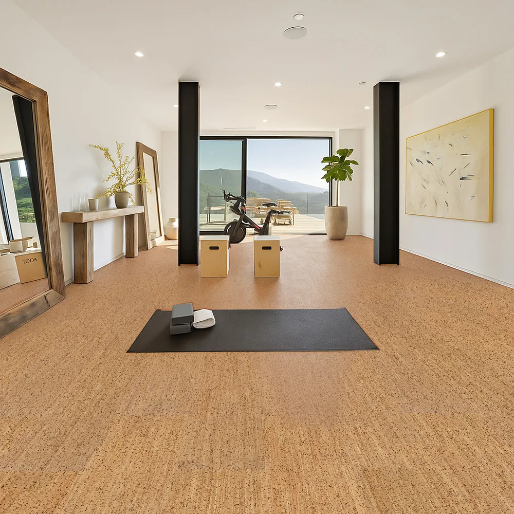 Berber Cork Flooring In A Home Yoga Studio With Natural Light—Soft, Quiet, And Resilient Surface Ideal For Workouts.