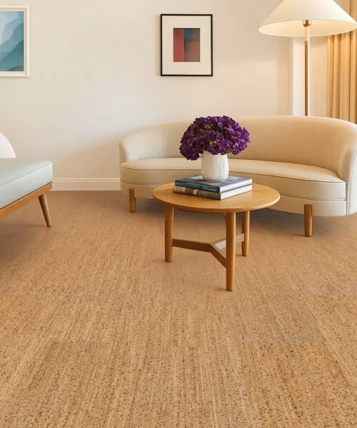 Berber - 1/2&Quot; (12Mm) - Cork Floating (Fber12) Berber Cork Flooring In A Cozy Modern Living Room With Beige Furniture—Natural Texture And Comfortable Underfoot.
