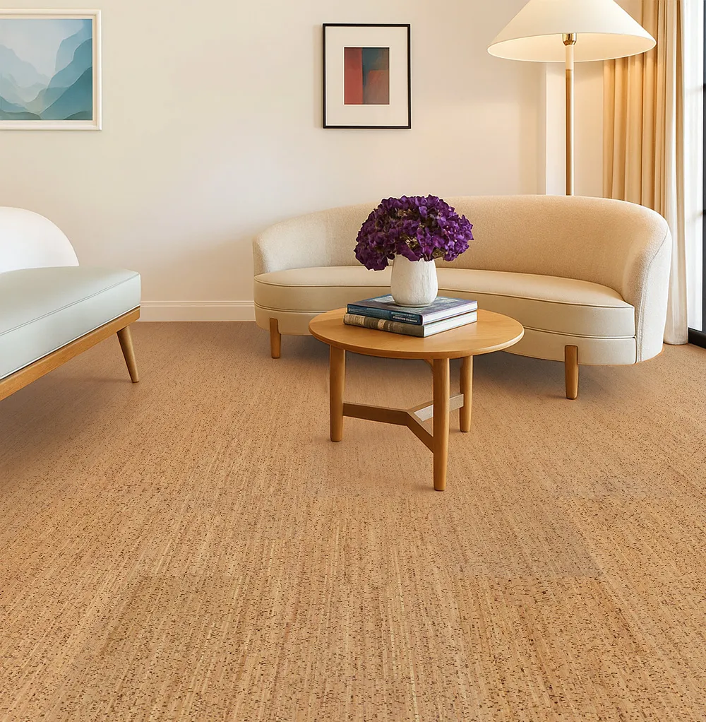 Berber Cork Flooring In A Cozy Modern Living Room With Beige Furniture—Natural Texture And Comfortable Underfoot.