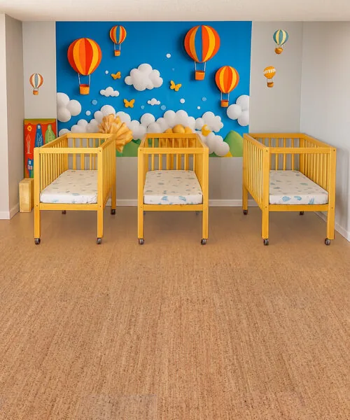Berber - 1/2&Quot; (12Mm) - Cork Floating (Fber12) Berber Cork Flooring In A Bright Nursery With Wooden Cribs And Colorful Wall Art—Soft, Warm, And Safe For Children.”