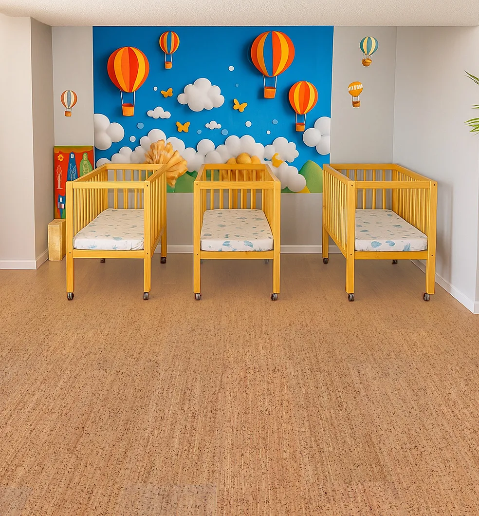 Berber Cork Flooring In A Bright Nursery With Wooden Cribs And Colorful Wall Art—Soft, Warm, And Safe For Children.”