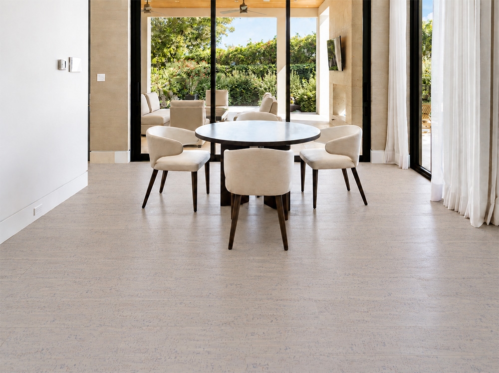 Bleached Birch - 5/16&Quot; (8Mm) - Cork Glue Down Tile (Gbb8) Bleached Birch 12Mm Off-White Floating Cork Flooring Surrounds A Round Breakfast Table Overlooking The Garden.