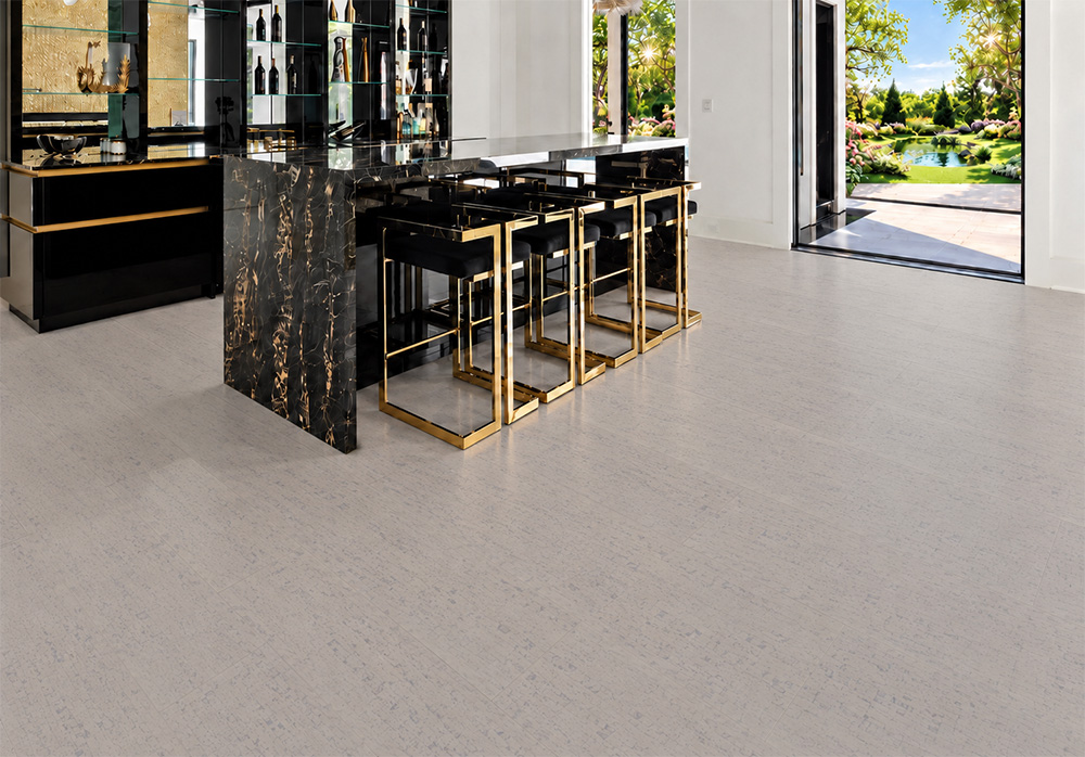 Bleached Birch - 5/16&Quot; (8Mm) - Cork Glue Down Tile (Gbb8) Bleached Birch 12Mm Off-White Cork Floor Planks Extend Through A Home Bar With Black Marble Island.