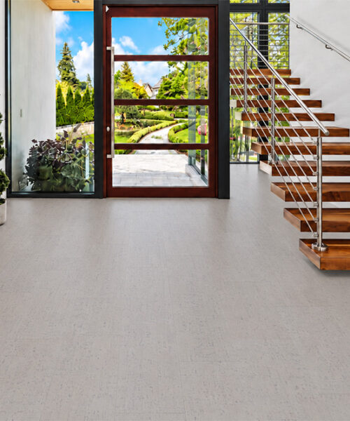 Bleached Birch - 5/16&Quot; (8Mm) - Cork Glue Down Tile (Gbb8) Bleached Birch 12Mm Off-White Cork Flooring Spans An Entryway With Wood Door And Open Staircase.