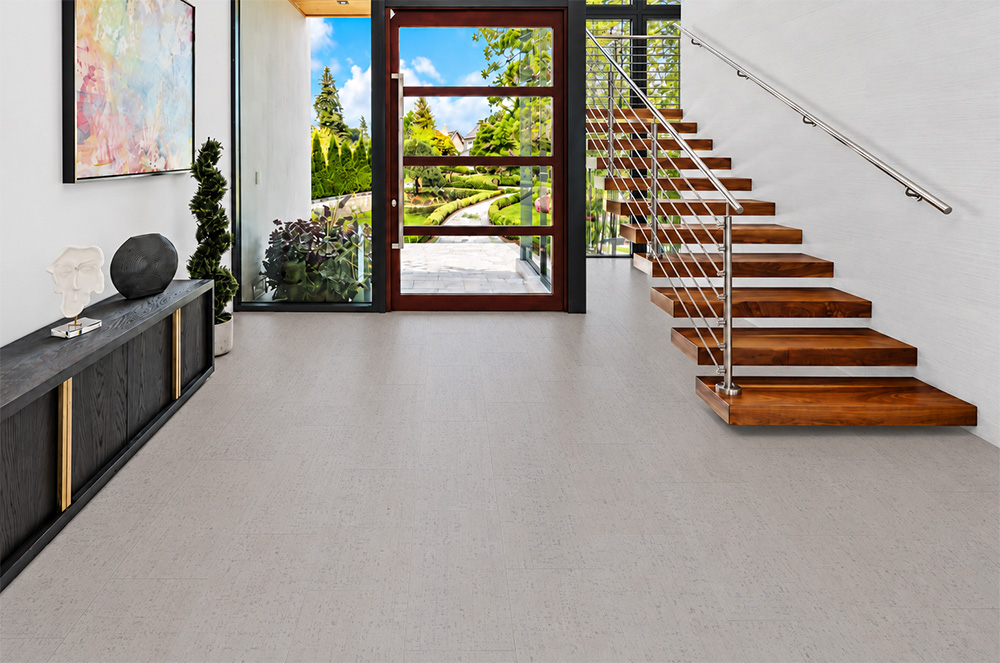 Bleached Birch - 5/16&Quot; (8Mm) - Cork Glue Down Tile (Gbb8) Bleached Birch 12Mm Off-White Cork Flooring Spans An Entryway With Wood Door And Open Staircase.