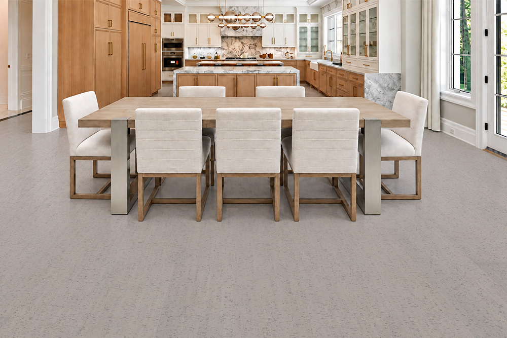 Bleached Birch - 5/16&Quot; (8Mm) - Cork Glue Down Tile (Gbb8) Bleached Birch 12Mm Off-White Cork Floor Planks Complement A Wood Kitchen And Upholstered Dining Chairs.