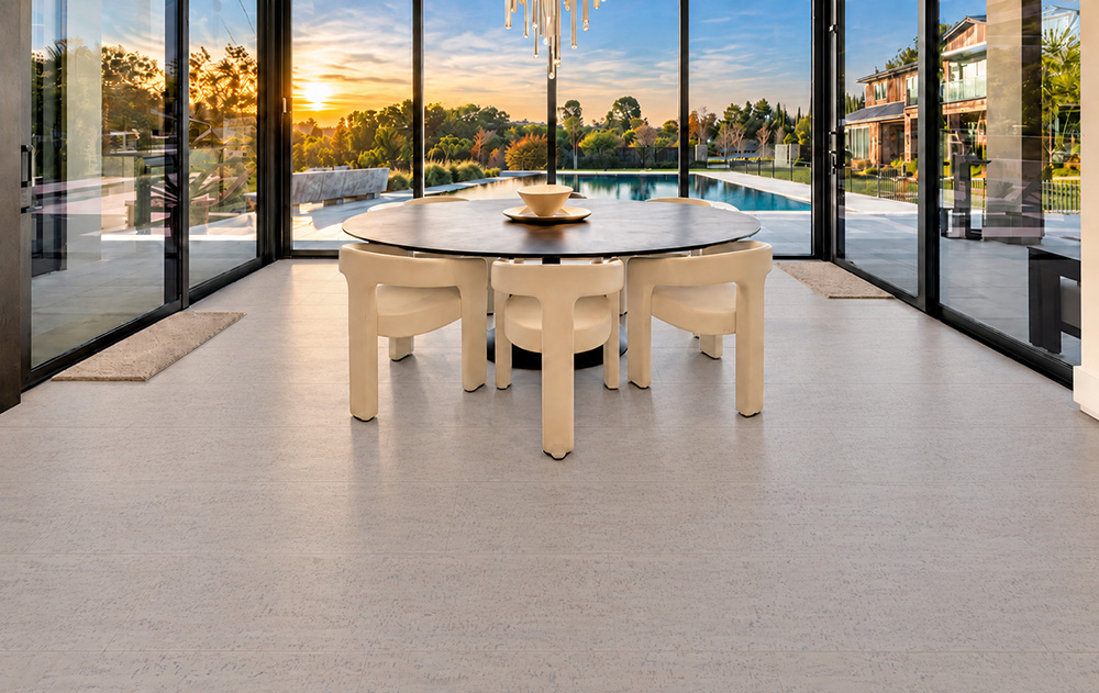 Bleached Birch - 5/16&Quot; (8Mm) - Cork Glue Down Tile (Gbb8) Bleached Birch 12Mm Floating Cork Flooring Fills A Glass-Walled Waterfront Dining Room With An Oval Table.