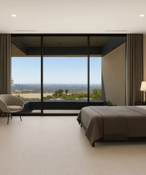 Cabinetry. Bedroom With Wide Windows Featuring Bleached Birch Cork Flooring And Minimalist Decor.