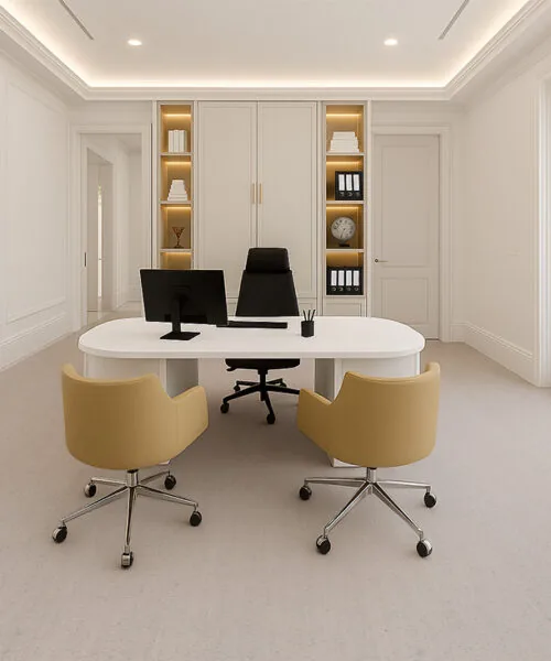 Home Office With Bleached Birch Cork Flooring, White Walls, And Contemporary Furniture.