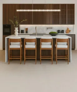 Leached Birch Cork Floating Flooring Showcased In A Modern Kitchen With Wood Cabinetry.