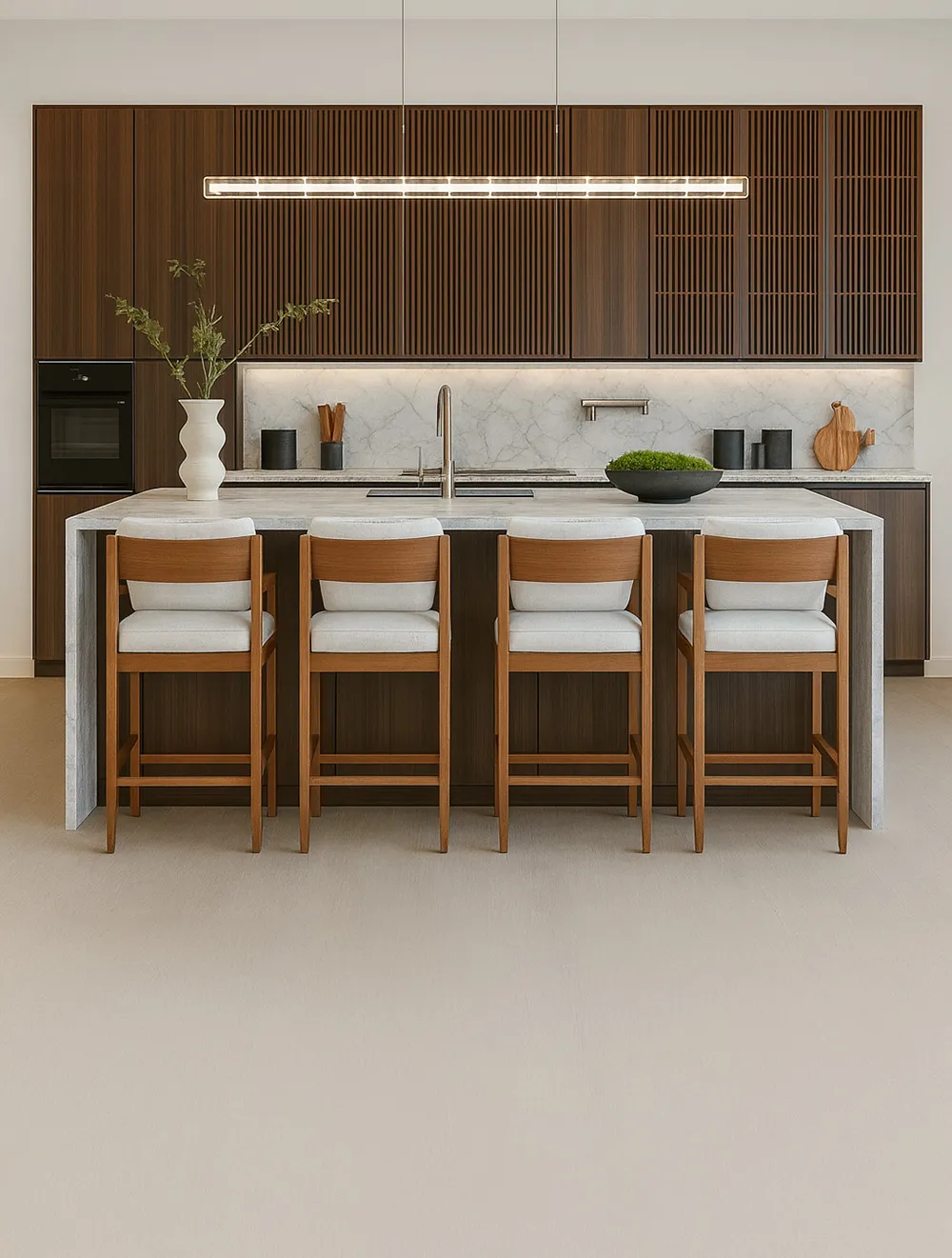 Leached Birch Cork Floating Flooring Showcased In A Modern Kitchen With Wood Cabinetry.
