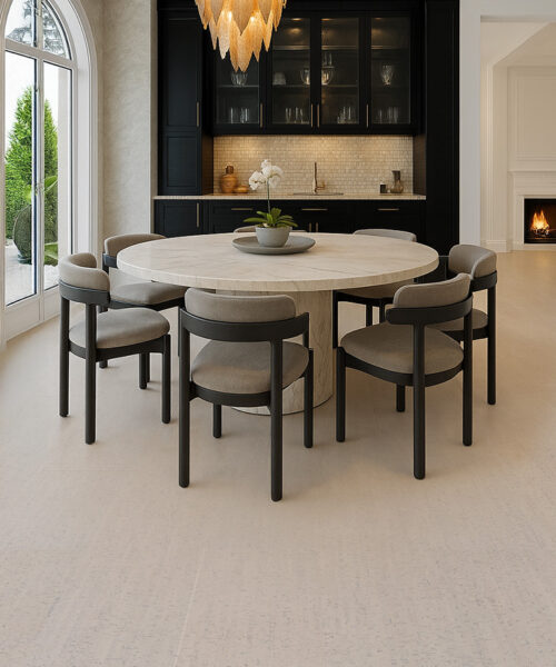Bleached Birch cork flooring in a modern dining room with round table and soft neutral decor.