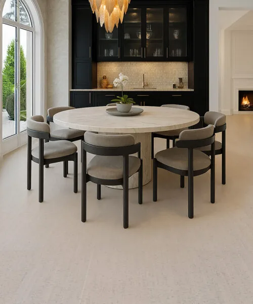 Bleached Birch cork flooring in a modern dining room with round table and soft neutral decor.