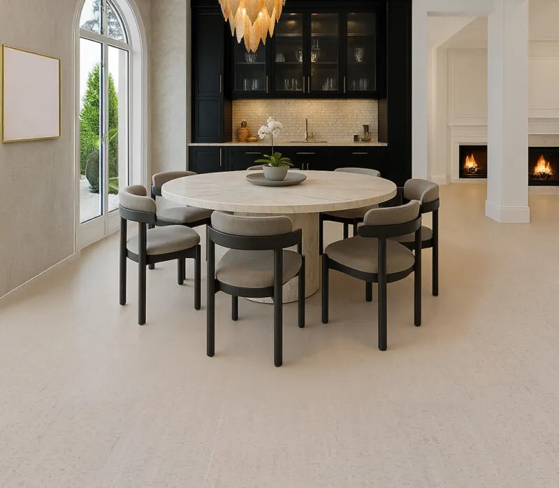 Bleached Birch Cork Flooring In A Modern Dining Room With Round Table And Soft Neutral Decor.