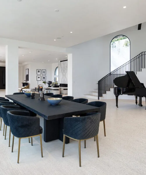 Bleached Birch Cork Oasis Elegant Basement Retreat With Black Dining Set And Piano