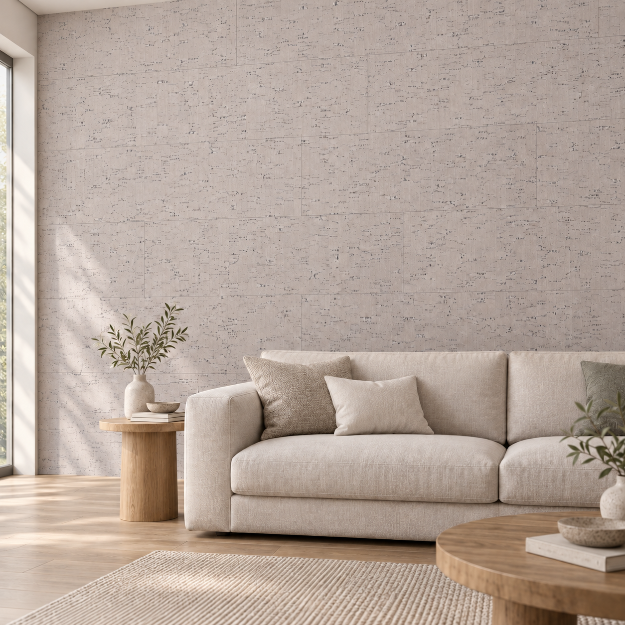 Bleached Birch - 5/16&Quot; (8Mm) - Cork Glue Down Tile (Gbb8) Bleached Birch Glue-Down Cork Tiles On A Living Room Accent Wall — Visualization