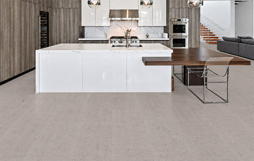 Bleached Birch - 5/16&Quot; (8Mm) - Cork Glue Down Tile (Gbb8) Bleached Birch 12Mm Off-White Cork Flooring With Linear Grain Surrounds A Modern White Kitchen Island.