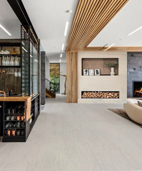 Bleached Birch Off White Cork Floor Living Room With Wine Bar Modern