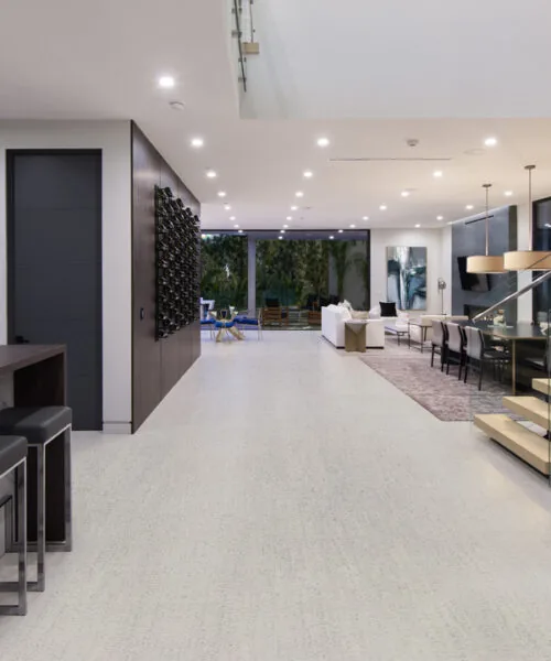 Bleached Birch Off White Cork Floor Living Room With Wine Bar Wood Stairs