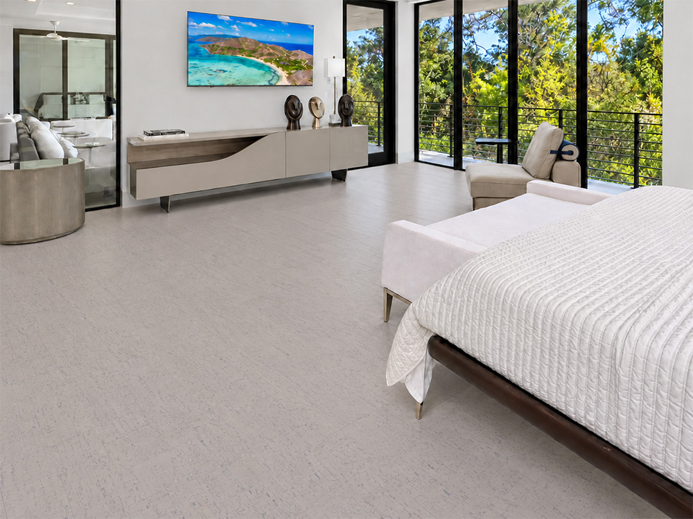 Bleached Birch - 5/16&Quot; (8Mm) - Cork Glue Down Tile (Gbb8) Bleached Birch 12Mm Pale Gray Floating Cork Flooring Softens A Modern Bedroom With Corner Windows.