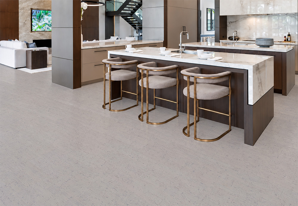 Bleached Birch - 5/16&Quot; (8Mm) - Cork Glue Down Tile (Gbb8) 1. Bleached Birch 12Mm Floating Cork Flooring Complements A Waterfall Marble Island And Brass Kitchen Stools.