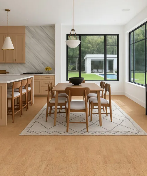 Open concept kitchen and living room with Rhythm Swiss cork flooring, showcasing natural elegance and quiet comfort.