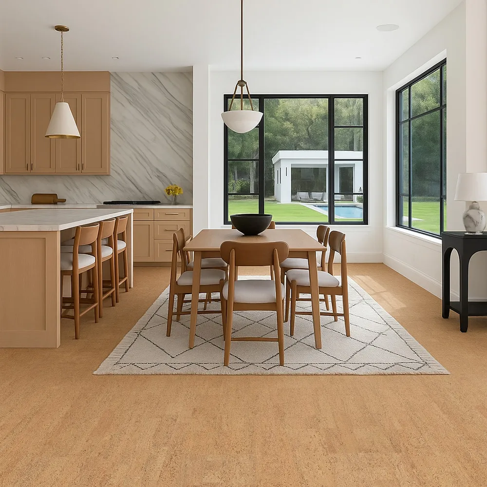 Open Concept Kitchen And Living Room With Rhythm Swiss Cork Flooring, Showcasing Natural Elegance And Quiet Comfort.