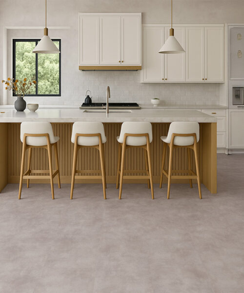Contemporary Kitchen Featuring Copperstone Gray Swiss Real Linoleum Waterproof Floor And White Cabinets.