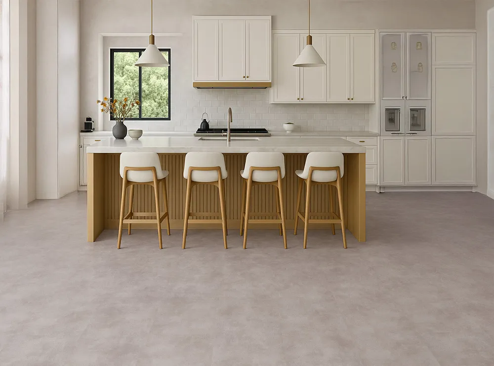Contemporary Kitchen Featuring Copperstone Gray Swiss Real Linoleum Waterproof Floor And White Cabinets.