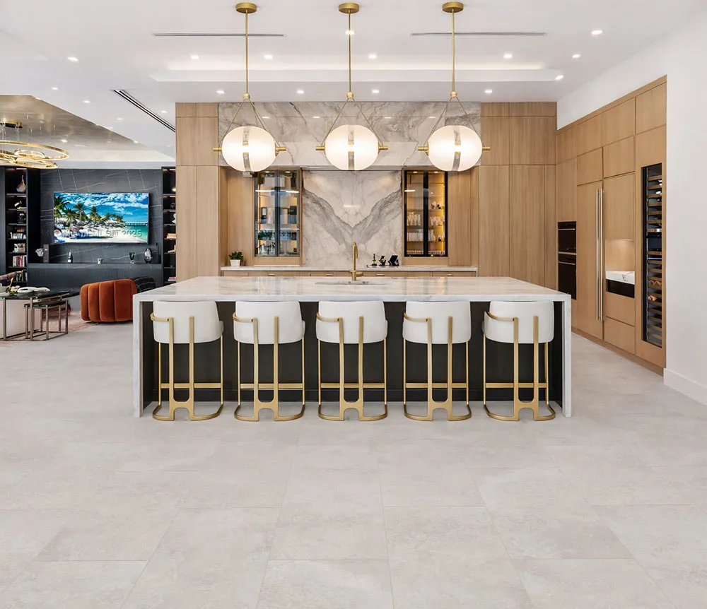 Bright Stone - 19/64&Quot; (7.5Mm) - Swiss Techslate (Mbrst7.5) Bright Stone Swiss Techslate Stone-Look Flooring In Luxury Kitchen With Large Island And Modern Cabinetry