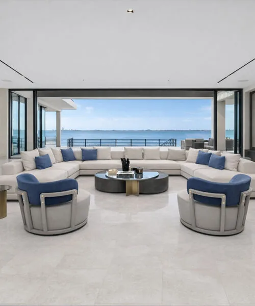 Bright Stone - 19/64&Quot; (7.5Mm) - Swiss Techslate (Mbrst7.5) Bright Stone Swiss Techslate Flooring Brings Subtle Gray Stone-Look Texture To An Open-Concept Living Room And Kitchen Overlooking The Water.