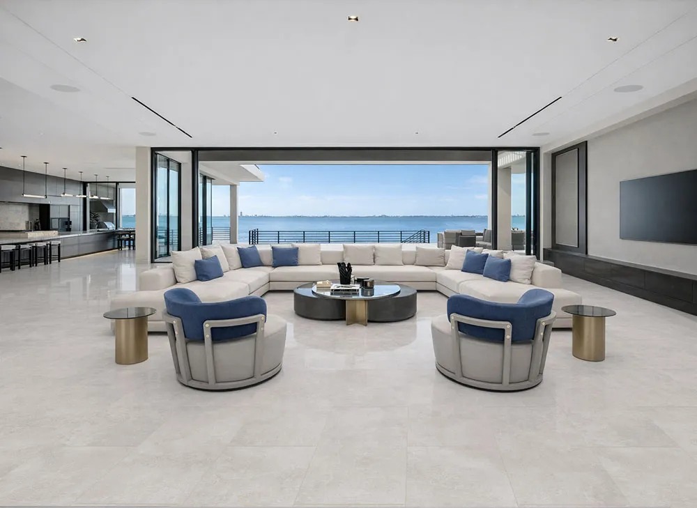 Bright Stone - 19/64&Quot; (7.5Mm) - Swiss Techslate (Mbrst7.5) Bright Stone Swiss Techslate Stone-Look Flooring In Open Concept Living Room With Panoramic Ocean View
