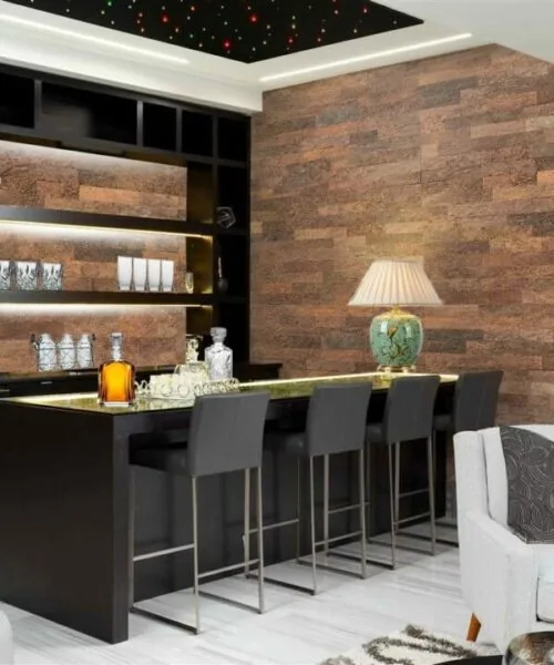 Brown Brick Cork Wall Panels Modern Home Bar Interior Design Basement Wine Celar.