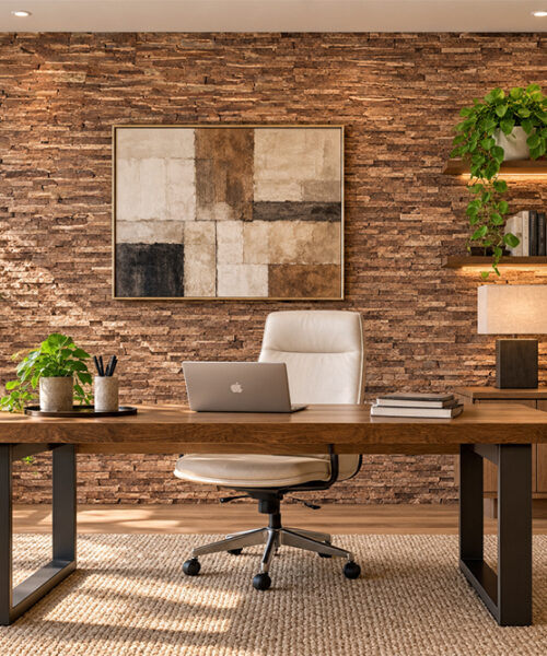 1. Natural brown Stacked Stone 22mm cork wall tiles with horizontal layered texture create a warm home office accent wall.