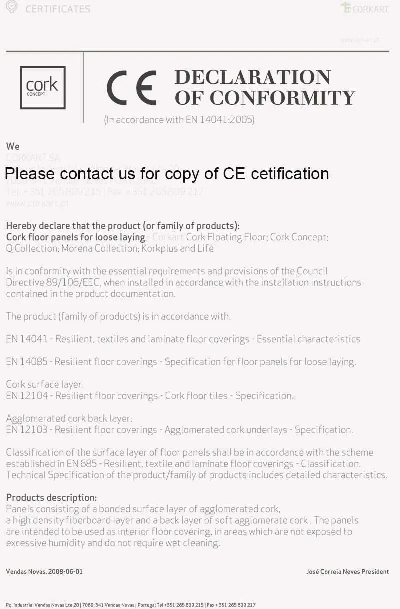Ce Declaration Of Conformity Cork Flooring