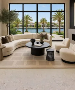 Ceramic marble cork flooring in modern family room with fireplace and open layout