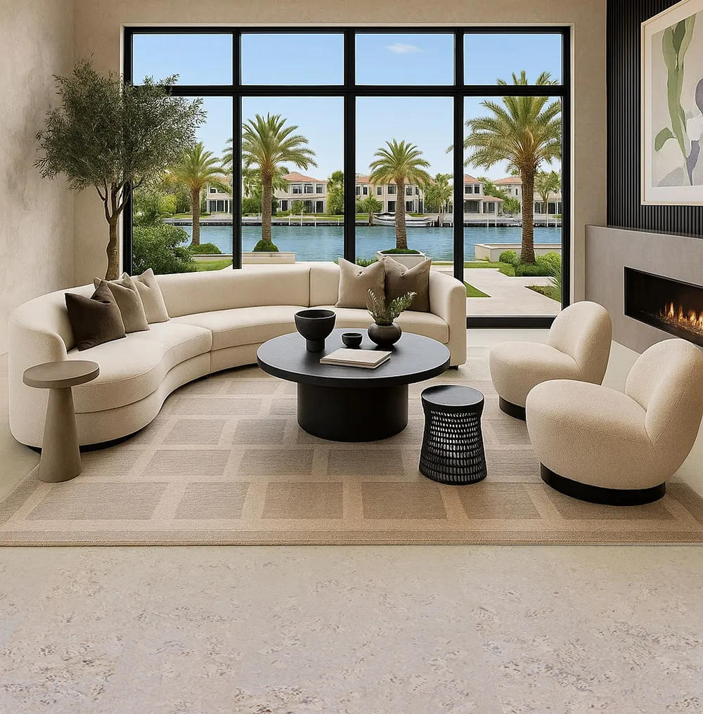 Ceramic Marble - 1/2&Quot; (12Mm) - Cork Floating (Fcm12) Ceramic Marble Cork Flooring In Modern Family Room With Fireplace And Open Layout