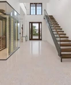 Ceramic marble cork flooring in contemporary living room with waterfront view and natural light