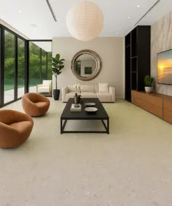 Ceramic Marble Cork Flooring In Luxury Living Room With Large Windows And Minimalist Design