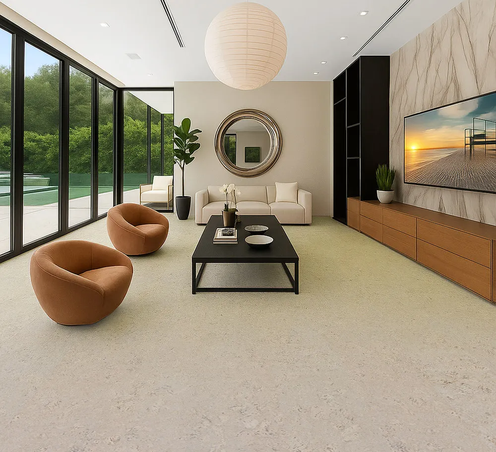 Ceramic Marble - 1/2&Quot; (12Mm) - Cork Floating (Fcm12) Ceramic Marble Cork Flooring In Luxury Living Room With Large Windows And Minimalist Design