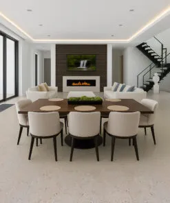 Ceramic marble cork flooring in open concept dining and living room, modern cork flooring