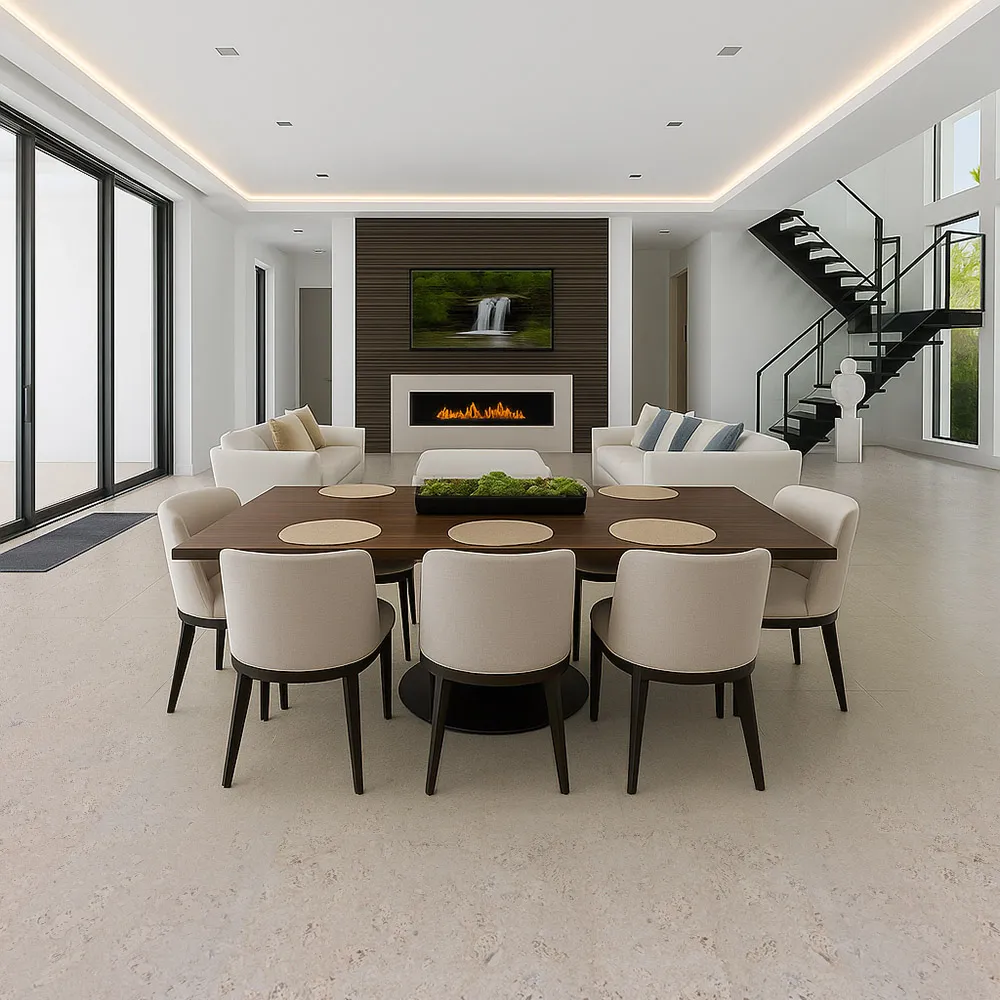 Ceramic Marble - 1/2&Quot; (12Mm) - Cork Floating (Fcm12) Ceramic Marble Cork Flooring In Open Concept Dining And Living Room, Modern Cork Flooring