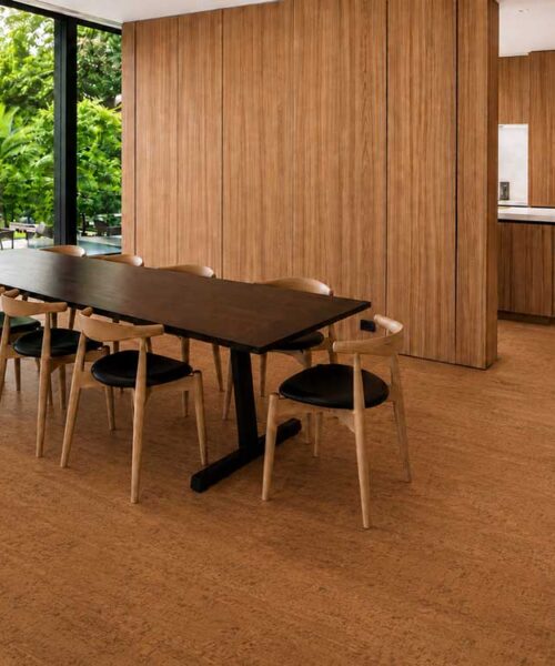 Cherry Line - 7/16&Quot; (11Mm) - Swiss Real Cork Floating (Fchl11) Cherry Line Swiss Real Cork Floating Flooring With Reddish-Brown Linear Texture In An Open-Plan Dining Room.