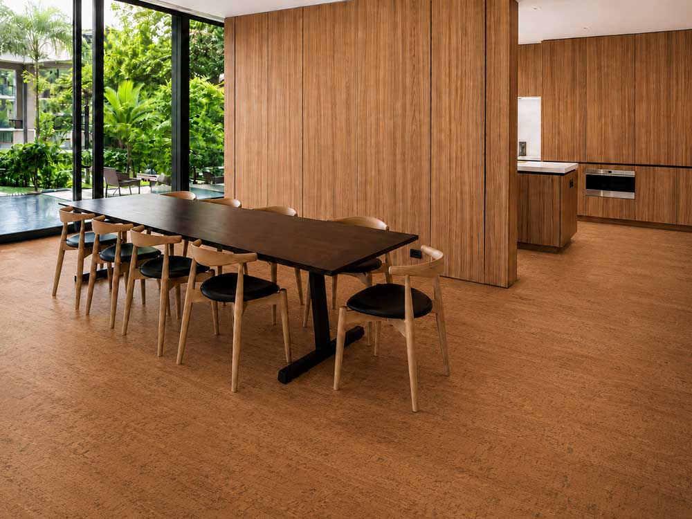 Cherry Line - 7/16&Quot; (11Mm) - Swiss Real Cork Floating (Fchl11) Cherry Line Swiss Real Cork Floating Flooring With Reddish-Brown Linear Texture In An Open-Plan Dining Room.