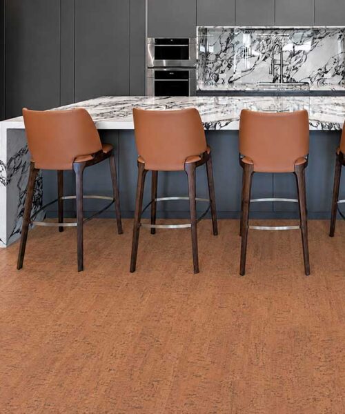 Cherry Line - 7/16&Quot; (11Mm) - Swiss Real Cork Floating (Fchl11) Cherry Line Floating Cork Flooring In A Contemporary Kitchen With A Marble Island And Leather Bar Stools.