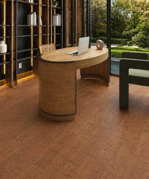 Cherry Line - 7/16&Quot; (11Mm) - Swiss Real Cork Floating (Fchl11) Cherry Line Swiss Real Cork Flooring With Linear Grain In A Home Office With Built-In Shelving.